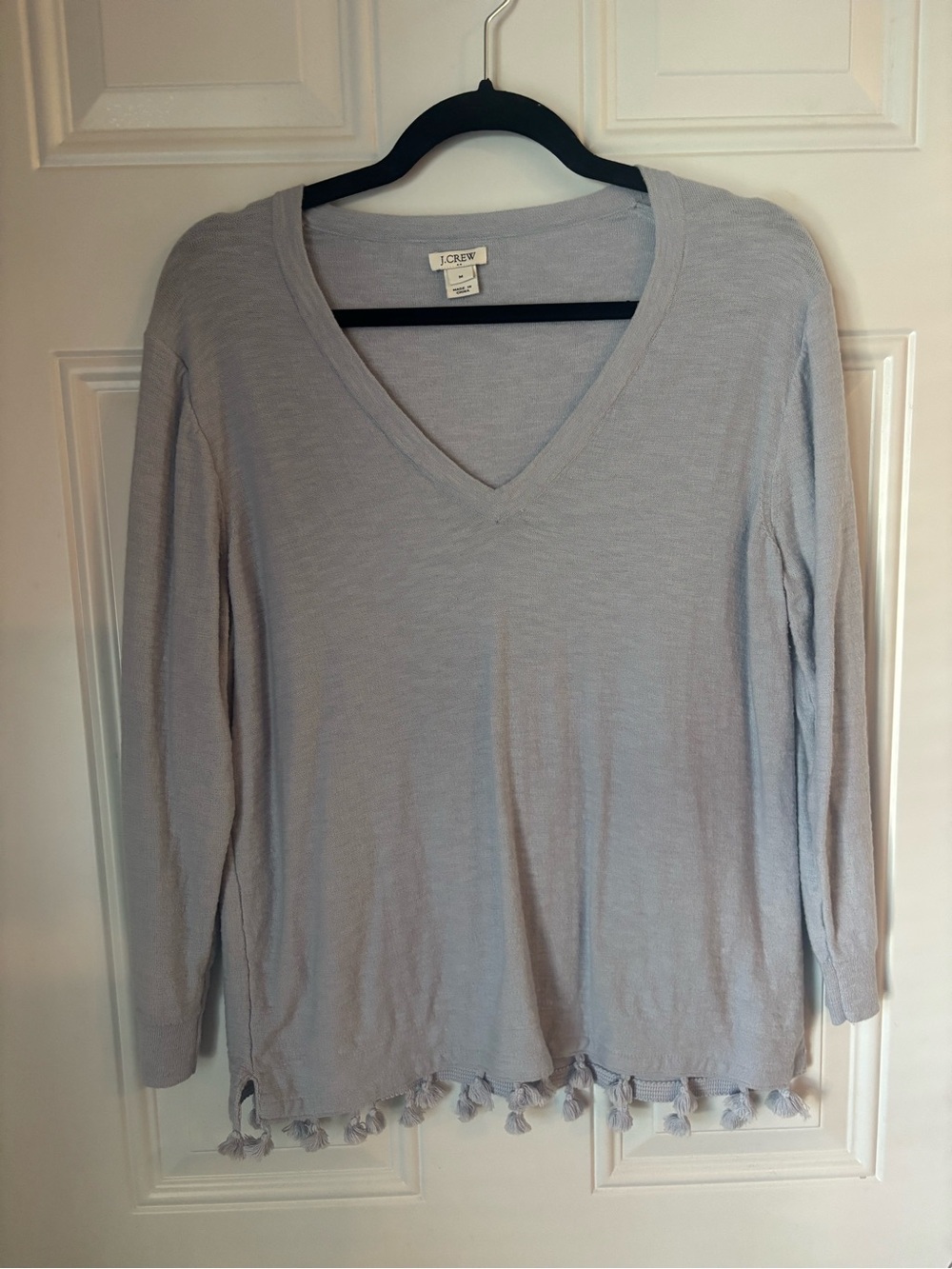 J. Crew Pale Blue V-Neck Tassel Hem Knit Sweater